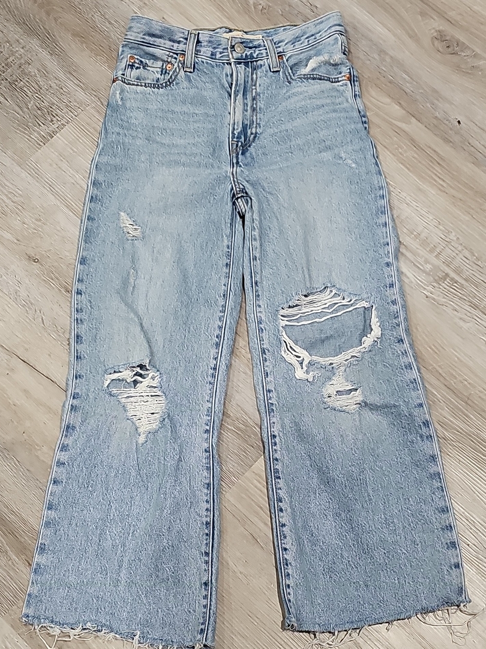 Levi's Premium Light Blue Distressed Ribcage Wide-Leg Jeans 24